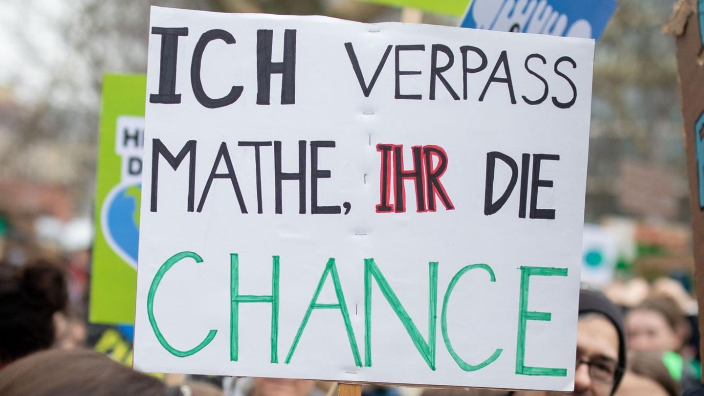 Demonstranten halten ein Schild hoch: "Ich verpass' Mathe, ihr die Chance".
