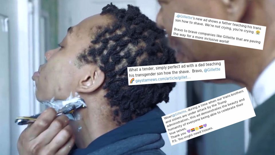 Vater und Trans-Sohn: Die neue Werbekampagne des Rasiererherstellers Gillette zeigt die berührende Geschichte eines Transgender-Teenager, dessen Vater beim Rasieren hilft. Die neue Werbekampagne des Rasiererherstellers Gillette zeigt die berührende Geschichte eines Transgender-Teenager, dessen Vater beim Rasieren hilft.