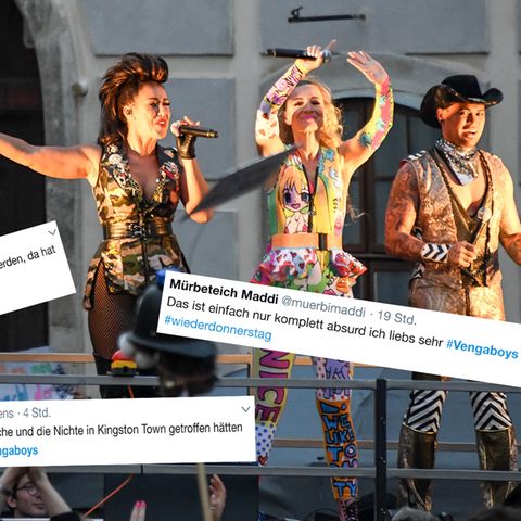 Die Vengaboys performen ihren 20 Jahre alten Hit "We're Going To Ibiza" auf dem Ballhofplatz in Wien, der im Zuge der österreichischen Regierungskrise rund um ein heimlich auf Ibiza aufgenommenes Video mit Ex-Vizekanzler Strache erneut die Charts gestürmt hat.