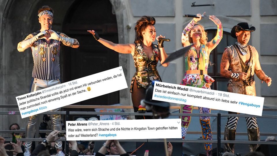 Die Vengaboys performen ihren 20 Jahre alten Hit "We're Going To Ibiza" auf dem Ballhofplatz in Wien, der im Zuge der österreichischen Regierungskrise rund um ein heimlich auf Ibiza aufgenommenes Video mit Ex-Vizekanzler Strache erneut die Charts gestürmt hat.