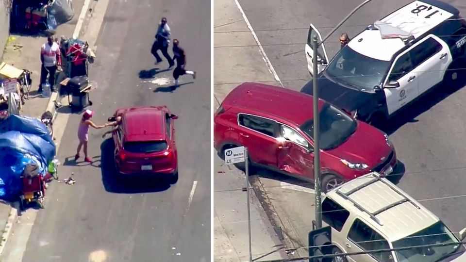 Ein dreister Autodieb in Los Angeles fühlte sich auf seiner Flucht vor der Polizei so sicher, dass er "High fives" an Passanten verteilte.