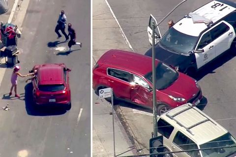 Ein dreister Autodieb in Los Angeles fühlte sich auf seiner Flucht vor der Polizei so sicher, dass er "High fives" an Passanten verteilte.