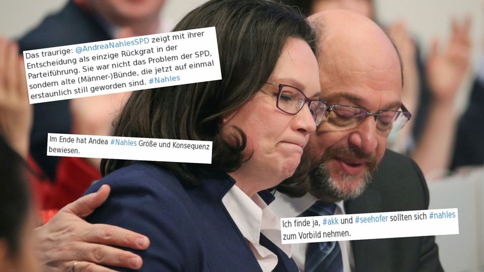 SPD in der Krise: Andrea Nahles und Martin Schulz sitzen beim SPD-Sonderparteitag 2018 zusammen Andrea Nahles und Martin Schulz sitzen beim SPD-Sonderparteitag 2018 zusammen