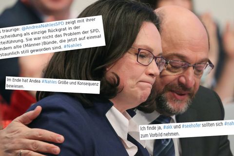Andrea Nahles und Martin Schulz sitzen beim SPD-Sonderparteitag 2018 zusammen