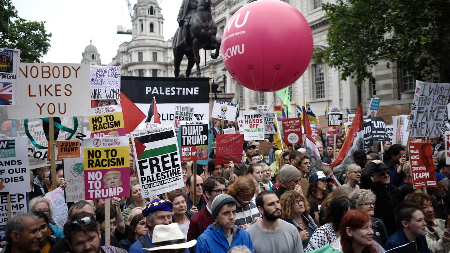 Die Protestierenden werfen Donald Trump unter anderem Sexismus und Rassismus vor und meinen, dass der Staatsbesuch gar nicht hätte stattfinden dürfen. "Ich ärgere mich sehr, dass die britische Regierung Trump eingeladen und für ihn ein Staatsbankett abgehalten hat", sagt die Demonstrantin Duniya Okada (48). Der US-Präsident sei ein Rassist, das zeige sich an seinem Vorhaben, eine Mauer an der Grenze zu Mexiko bauen zu wollen. Vor allem ärgert sich die Biochemikerin aus London über Trumps Einmischung in den Brexit-Streit. Der EU-Austritt sei "das Schlimmste, was diesem Land geschehen kann".