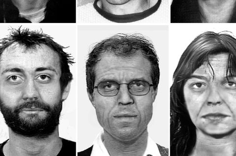 Undatierte Handouts des KA zeigen Fahndungsfotos (oben) und Alterssimulationen (unten) von Burkhard Garweg (l-r), Ernst-Volker Wilhelm Staub und Daniela Klette