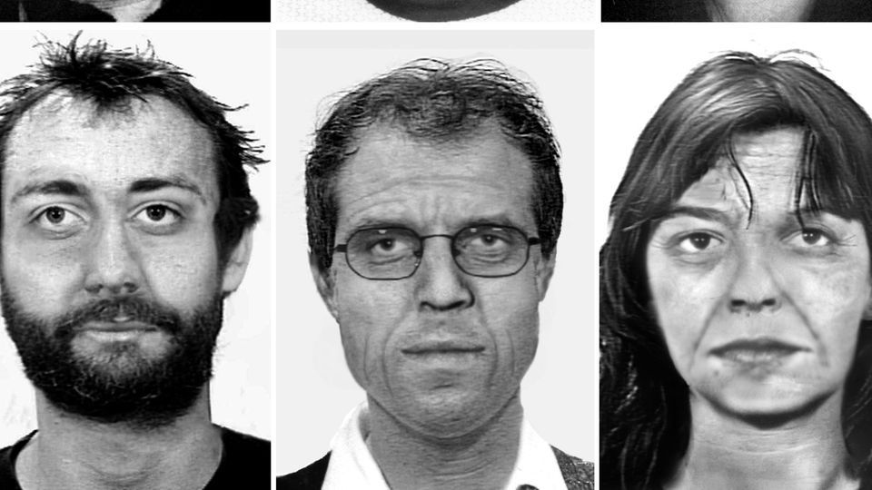 Undatierte Handouts des KA zeigen Fahndungsfotos (oben) und Alterssimulationen (unten) von Burkhard Garweg (l-r), Ernst-Volker Wilhelm Staub und Daniela Klette