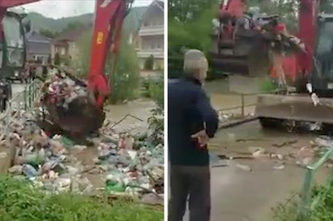 Serbien: Bagger schaufelt Müll aus Fluss in Fluss zurück