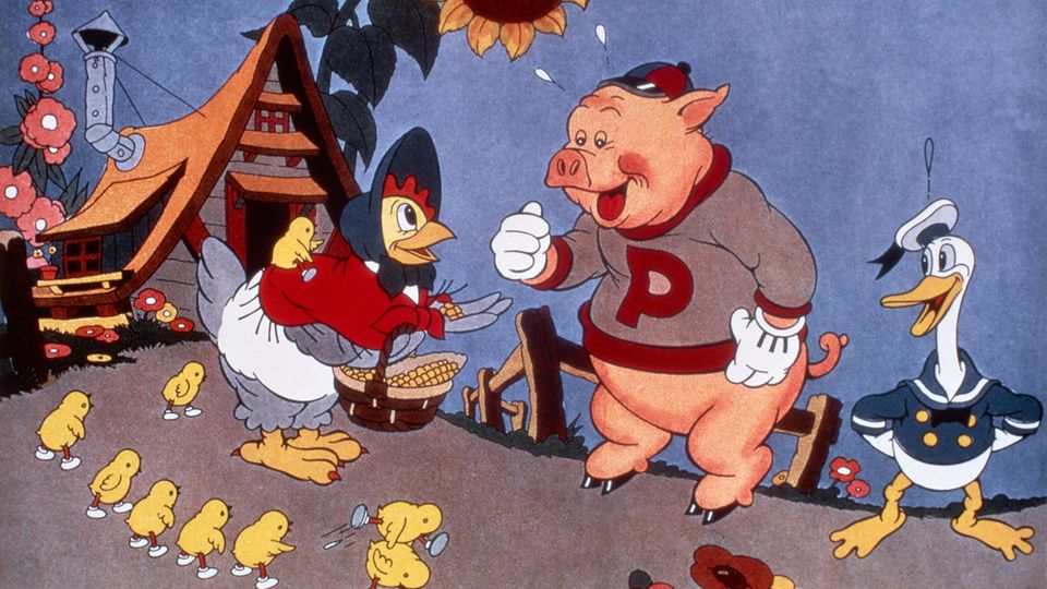 Donald Duck (l.) in seinem ersten Film "The Wise Little Hen"