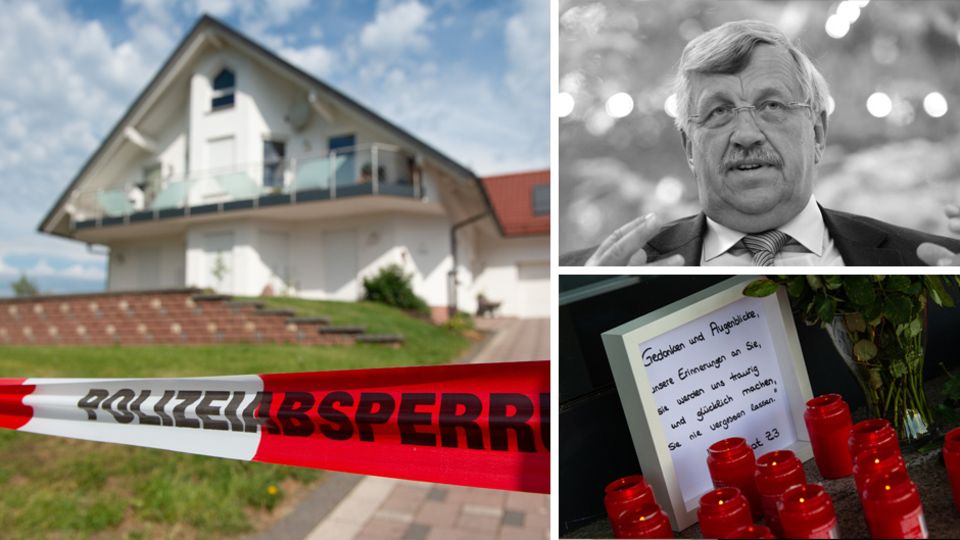 Tatort in Wolfhagen-Istha mit Polizeiabsperrung, der erschossenen Regierungspräsidenten Walter Lübcke, Abschiedsbrief und Kerzen
