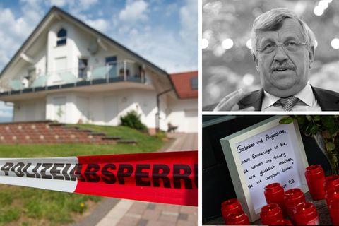 Tatort in Wolfhagen-Istha mit Polizeiabsperrung, der erschossenen Regierungspräsidenten Walter Lübcke, Abschiedsbrief und Kerzen