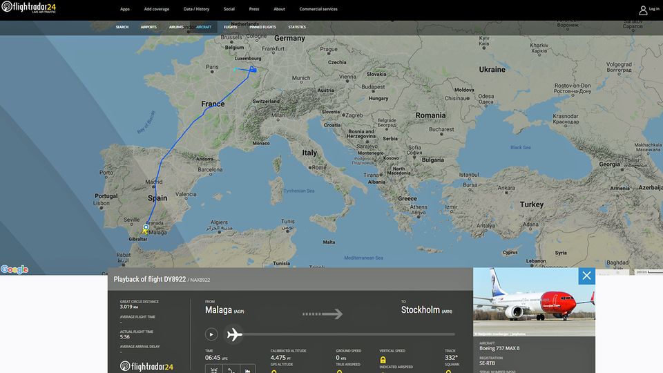 Die Route des Fluges DY8922 von Malaga nach Stockholm endet vor dem deutschen Luftraum bei Saarbrücken