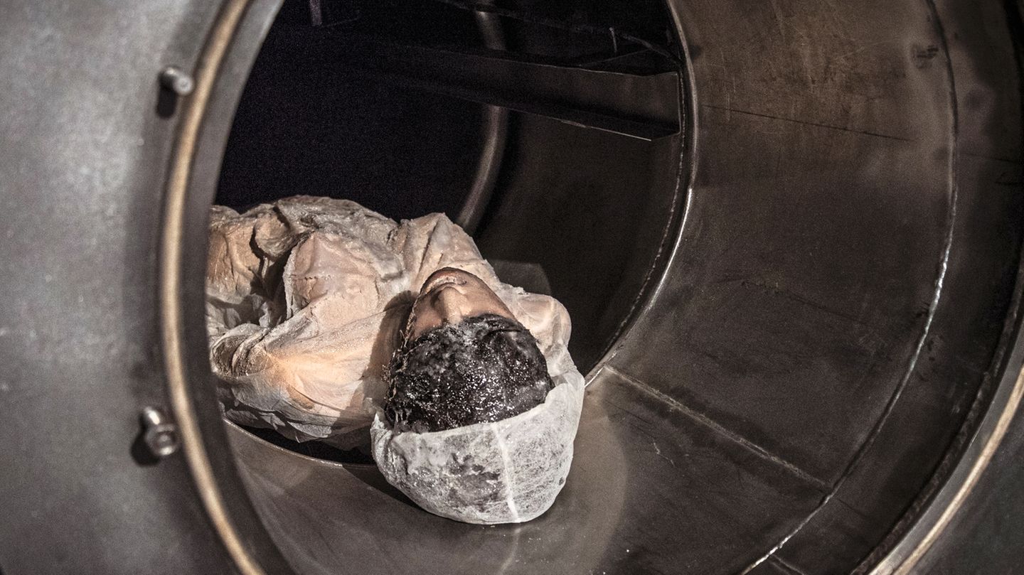Mailand, Italien: In der Ausstellung "Real Bodies" zeigt das russische Unternehmen KrioRus eine durch Kälte konservierte Puppe. Die Firma konstruiert spezielle Container, um den gesamten Menschen einzufrieren und lebendig wieder aufzutauen, sobald die Medizin es erlaubt.