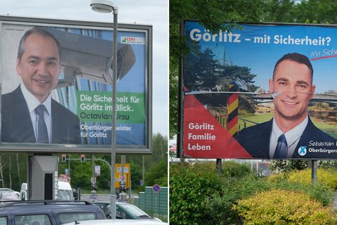 Wahlplakate in Görlitz: Der CDU-Kandidat Octavian Ursu (l.) und der AfD-Bewerber Sebastian Wippel