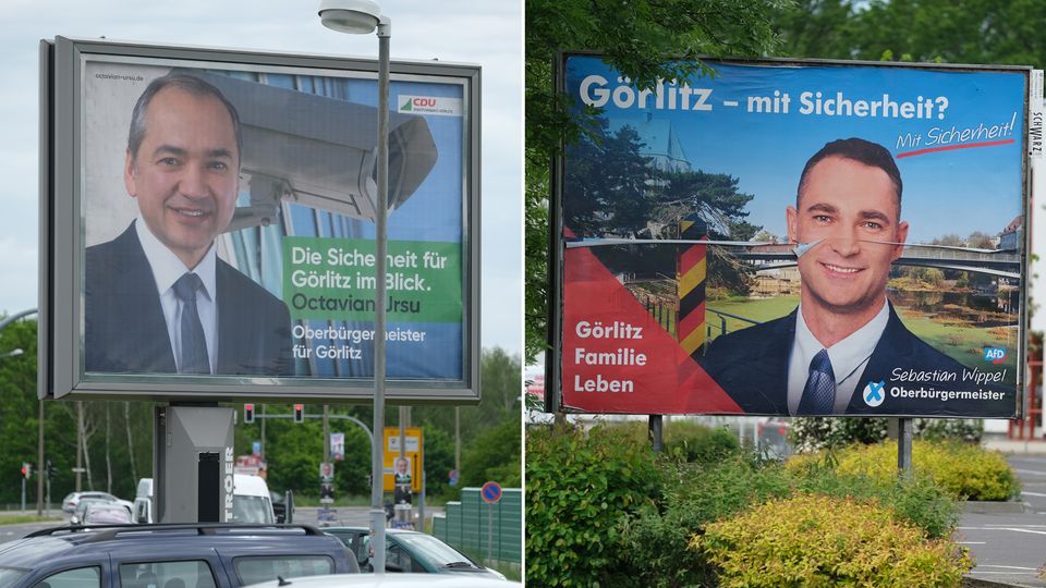 Wahlplakate in Görlitz: Der CDU-Kandidat Octavian Ursu (l.) und der AfD-Bewerber Sebastian Wippel