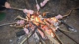 Und das ist der Grund, warum Feuermachen so wichtig ist: Nach acht Stunden Survival-Training gibt es endlich Abendessen – am Lagerfeuer gegrilltes Putenfleisch.