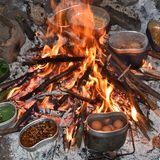 Und so sieht ein komplettes Frühstück im Survival-Camp aus. Es gibt Tee aus Fichtennadeln, gekochte Eier, ...