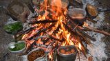 Und so sieht ein komplettes Frühstück im Survival-Camp aus. Es gibt Tee aus Fichtennadeln, gekochte Eier, ...