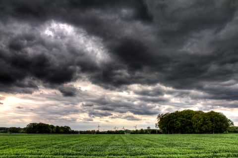 Ein Feld und Gewitterwolken