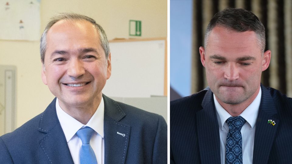 Der neue Görlitzer Oberbürgermeister Octavian Ursu (CDU, l.) und sein Kontrahent Sebastian Wippel (AfD)