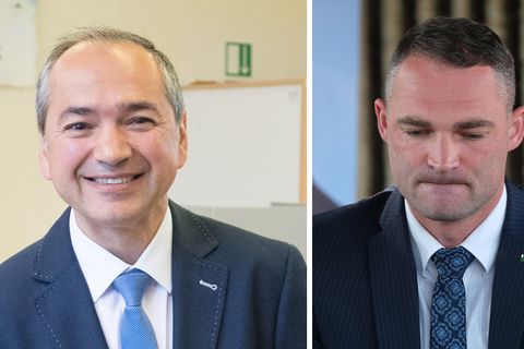 Der neue Görlitzer Oberbürgermeister Octavian Ursu (CDU, l.) und sein Kontrahent Sebastian Wippel (AfD)
