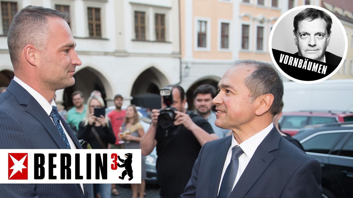 Die Oberbürgermeisterkandidaten für Görlitz, Sebastian Wippel (AfD) und Octavian Ursu (CDU)