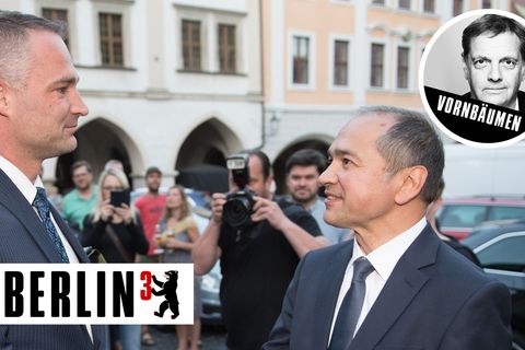 Die Oberbürgermeisterkandidaten für Görlitz, Sebastian Wippel (AfD) und Octavian Ursu (CDU)