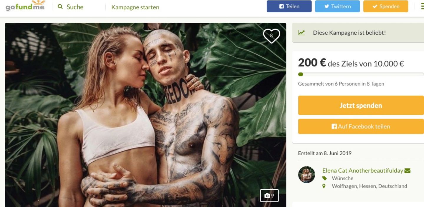 Ein Screenshot der GoFundMe-Kampagne. Elena und Cat stehen vor großen Pflanzen und umarmen sich.