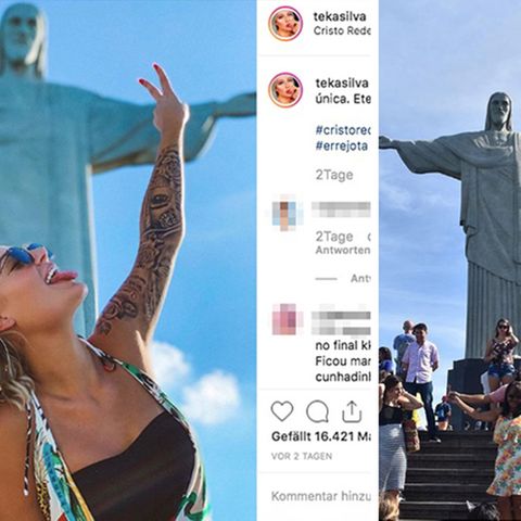 Auf dem linken Foto posiert eine blonde Frau vor der Christisstatue. Rechts stehen viele Leute davor und posieren einzeln.