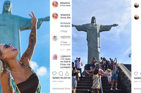 Auf dem linken Foto posiert eine blonde Frau vor der Christisstatue. Rechts stehen viele Leute davor und posieren einzeln.