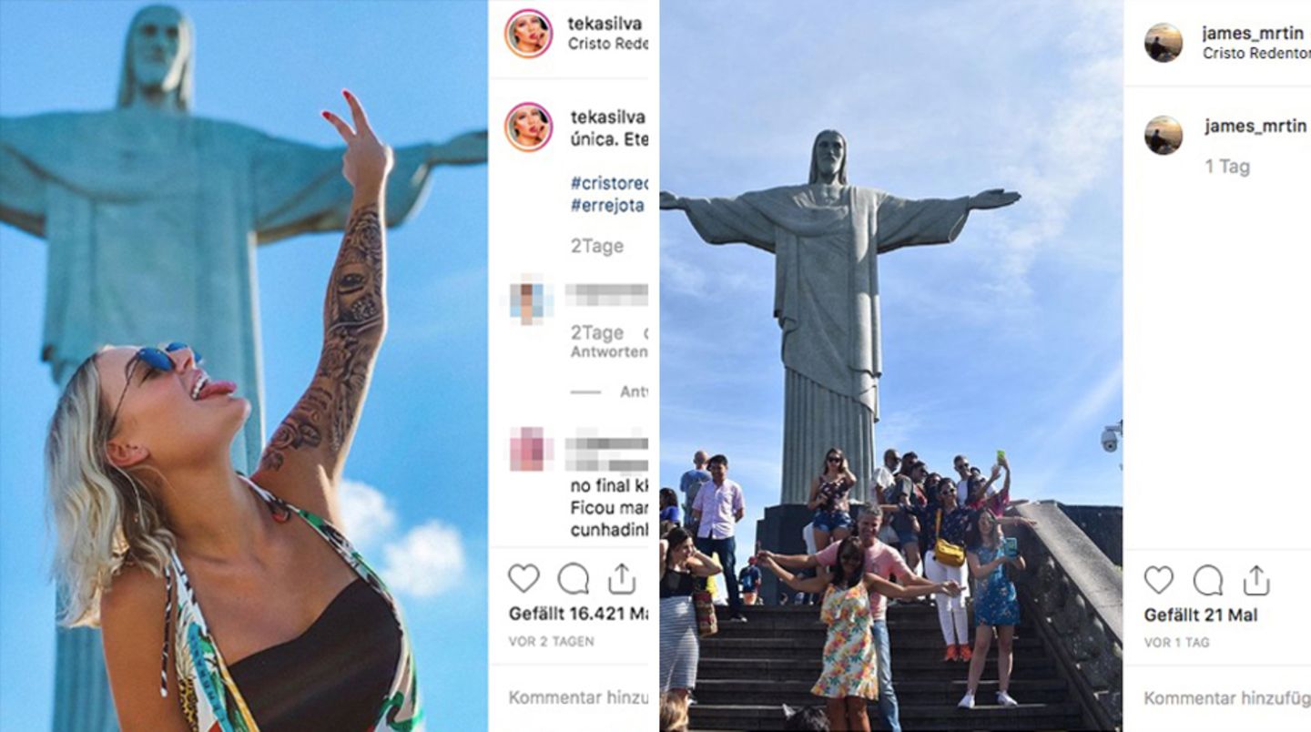 Auf dem linken Foto posiert eine blonde Frau vor der Christisstatue. Rechts stehen viele Leute davor und posieren einzeln.