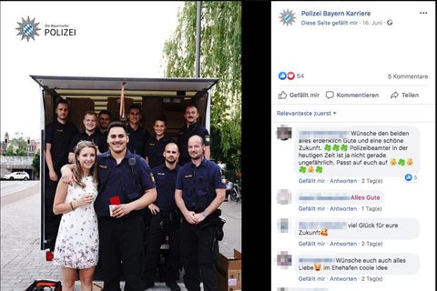 Denise, Dominik und seine Kollegen stehen vor dem LKW, in dem sie ihn einen Antrag gemacht hat