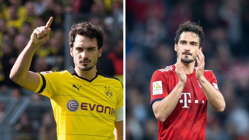 Mats Hummels BVB FC Bayern München Links steht Mats Hummels im schwarz-gelben BVB-Trikot auf dem Platz, rechts im roten Trikot des FC Bayern München