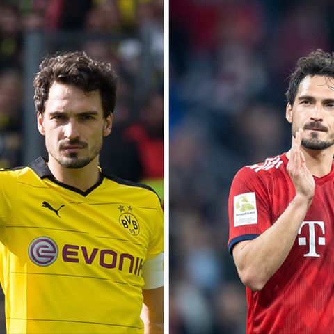 Links steht Mats Hummels im schwarz-gelben BVB-Trikot auf dem Platz, rechts im roten Trikot des FC Bayern München