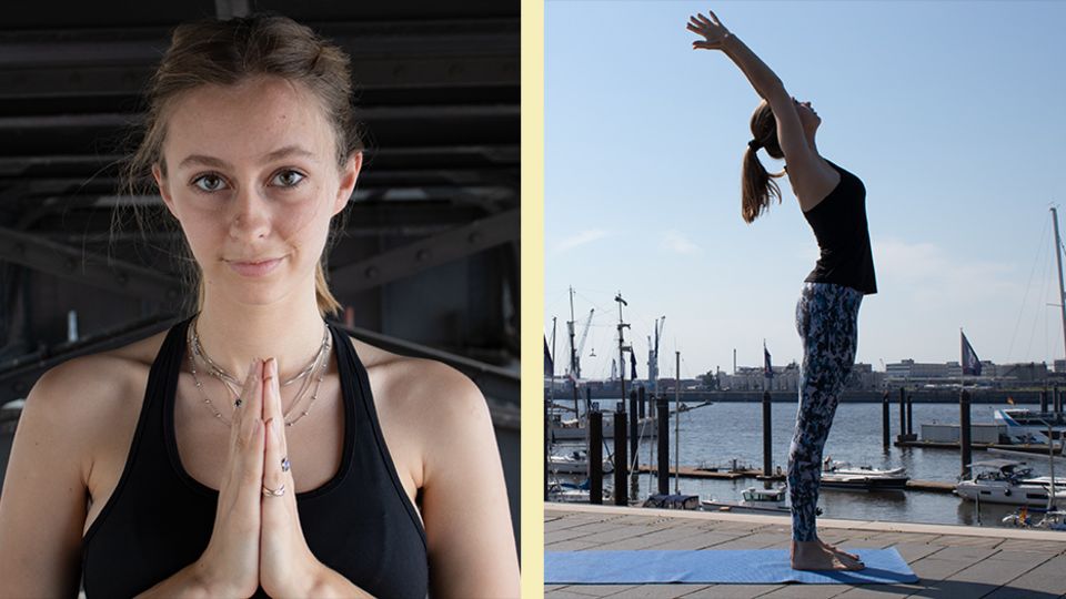 Collage: Eine Frau mit aneinander gelegten Händen; Eine Frau in Yoga-Pose, im Hintergrund sieht man einen Hafen