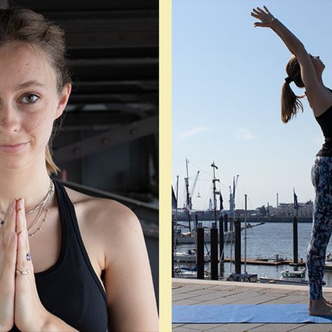 Collage: Eine Frau mit aneinander gelegten Händen; Eine Frau in Yoga-Pose, im Hintergrund sieht man einen Hafen