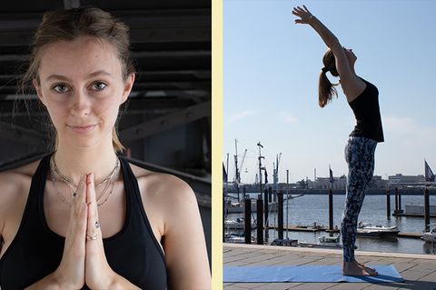 Collage: Eine Frau mit aneinander gelegten Händen; Eine Frau in Yoga-Pose, im Hintergrund sieht man einen Hafen