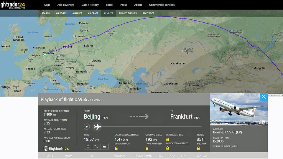 Der Hinflug von CA965 vobn Peking nach Frakfurt