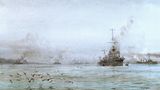Die deutschen Hochseeflotte läuft in Scapa Flow ein (Gemälde).