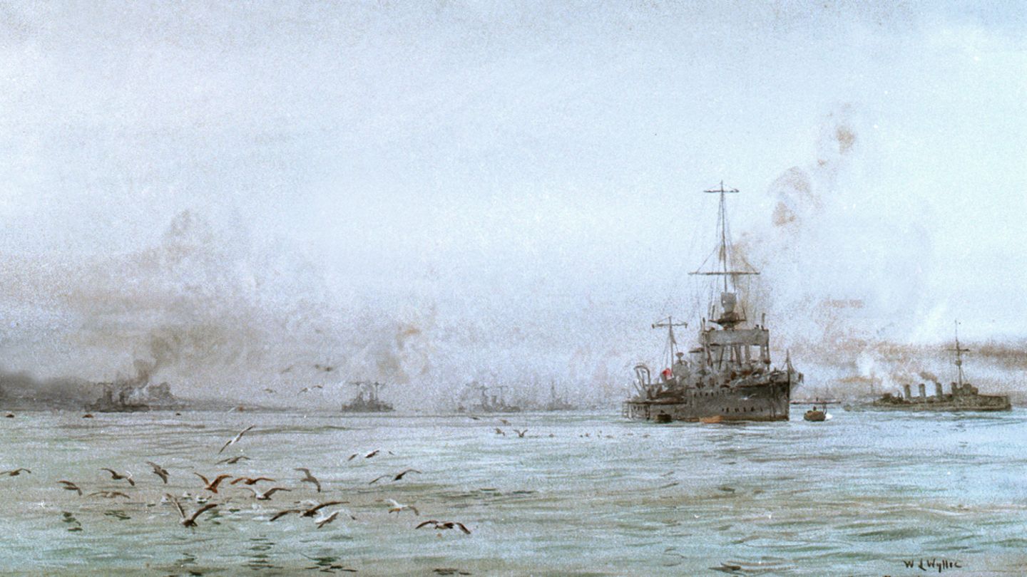 Die deutschen Hochseeflotte läuft in Scapa Flow ein (Gemälde).