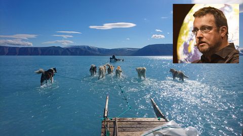 Grönland: Schlittenhunde laufen scheinbar über Wasser – ein ikonisches Bild zum Thema Klimawandel?