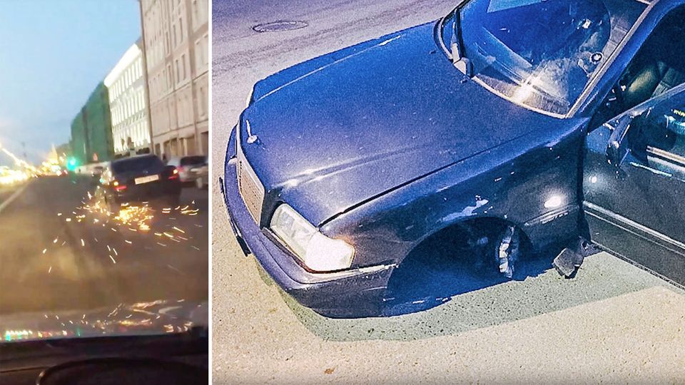 Russland: Mercedes-Fahrer versucht auf drei Rädern vor Polizei zu flüchten Russland: Mercedes-Fahrer versucht auf drei Rädern vor Polizei zu flüchten