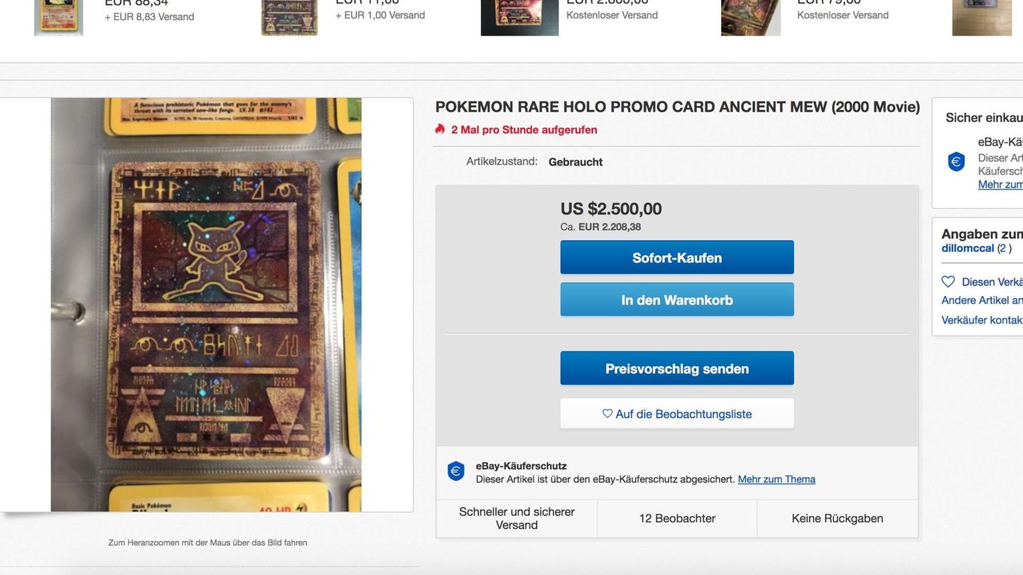 Screenshot einer Ebay-Auktion für die holographische Karte von Mew