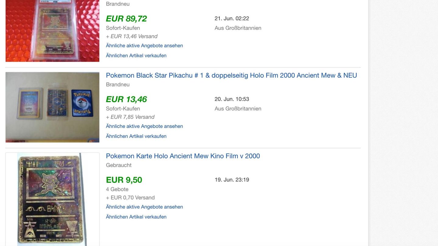 Was ist meine Pokémon-Karten-Sammlung auf Ebay wert? Screenshots von beendeten Auktionen zu der Pokémon-Karte Mew