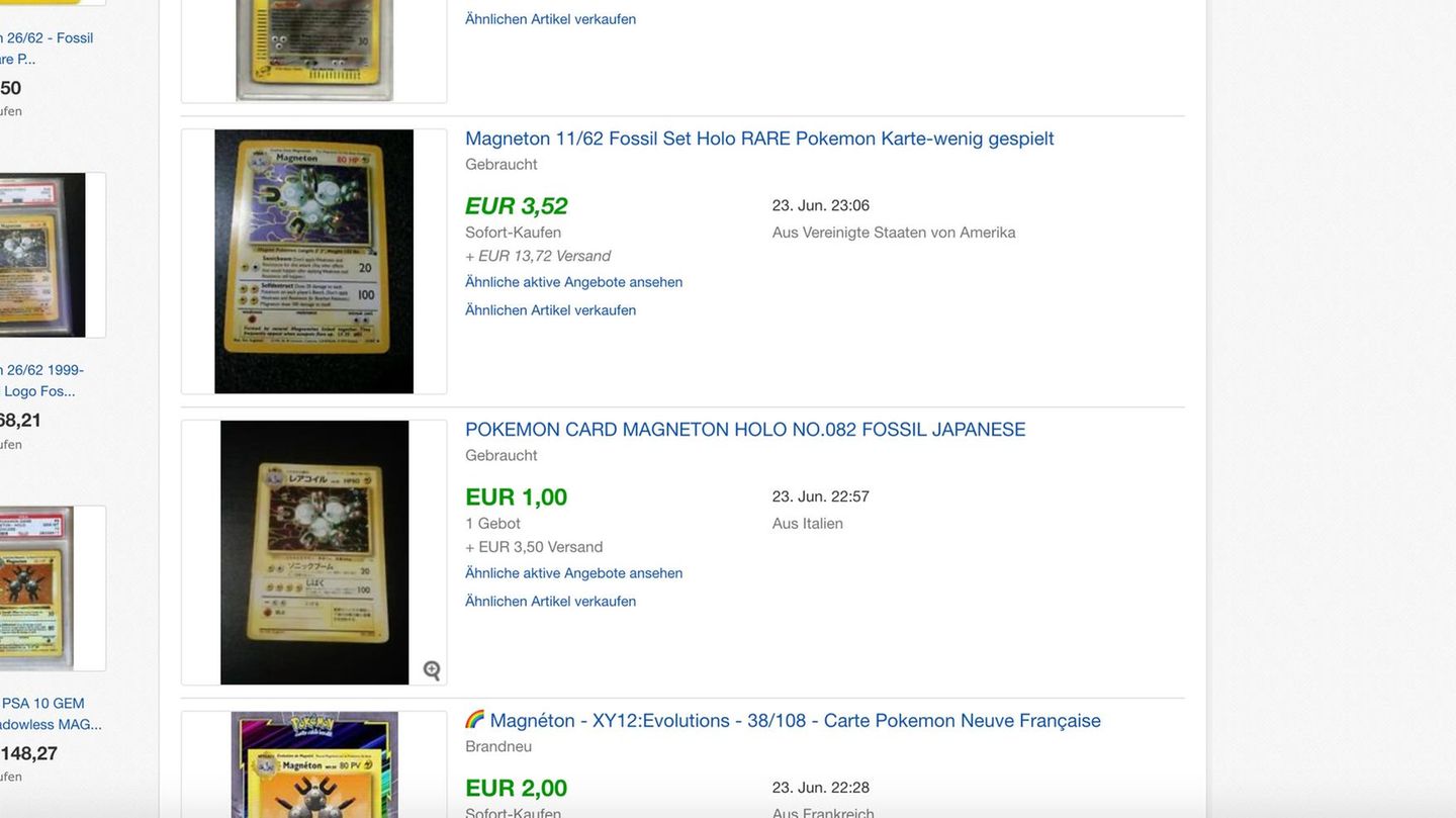 Screenshot mehrerer Ebay-Auktion der Pokémon-Karte Magneton (verkauft für 1 bis 3 Euro)