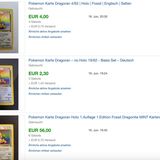 Screenshot der Ebay-Auktionen zur Pokémon-Karte Dragoran