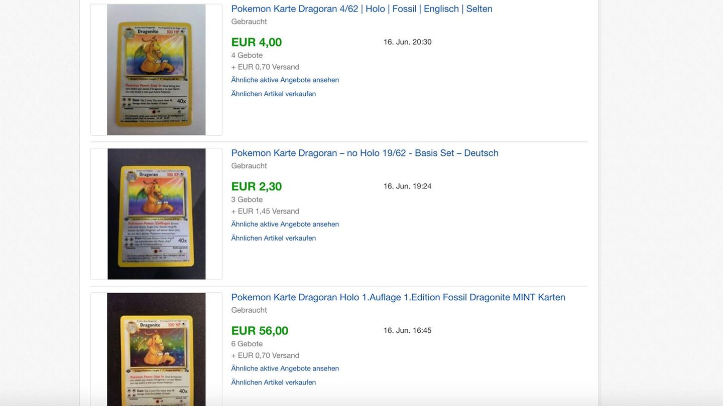 Was ist meine Pokémon-Karten-Sammlung auf Ebay wert? Screenshot der Ebay-Auktionen zur Pokémon-Karte Dragoran