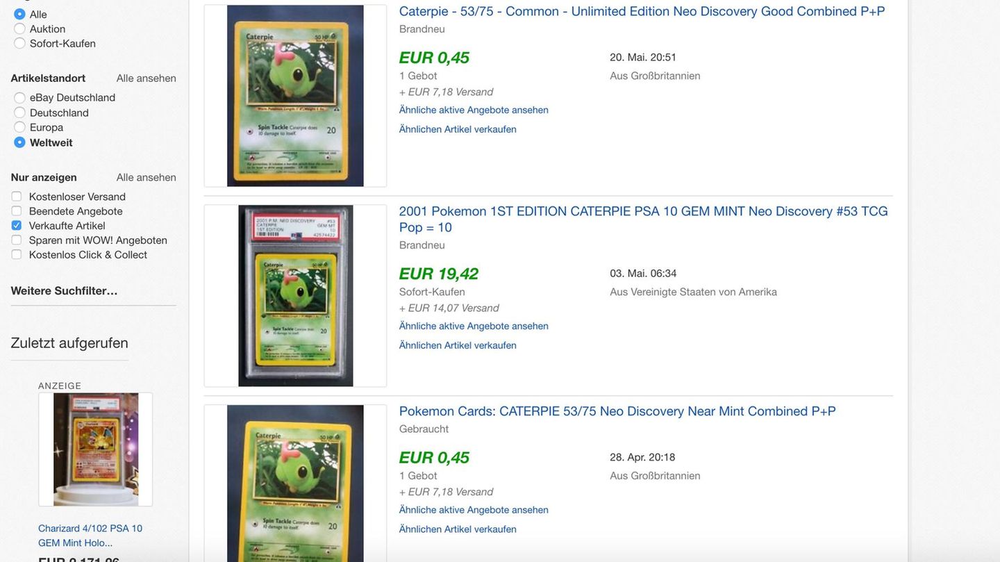 Screenshot von Ebay-Auktionen zur speziellen Pokémon-Karte Raupy