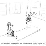 Cartoon eines bettelnden Mannes, der an einer Hauswand sitzt. Um die Hausecke herum schauen Aliens.