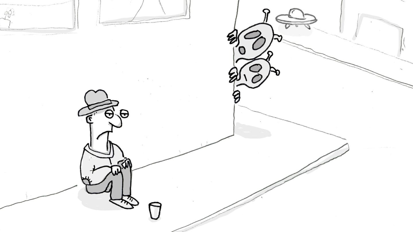 Cartoon eines bettelnden Mannes, der an einer Hauswand sitzt. Um die Hausecke herum schauen Aliens.